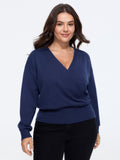 Wrap Neck Drop Shoulder Ribbed Hem Pullover