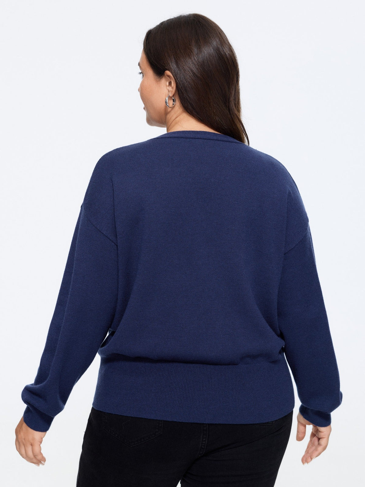 Wrap Neck Drop Shoulder Ribbed Hem Pullover