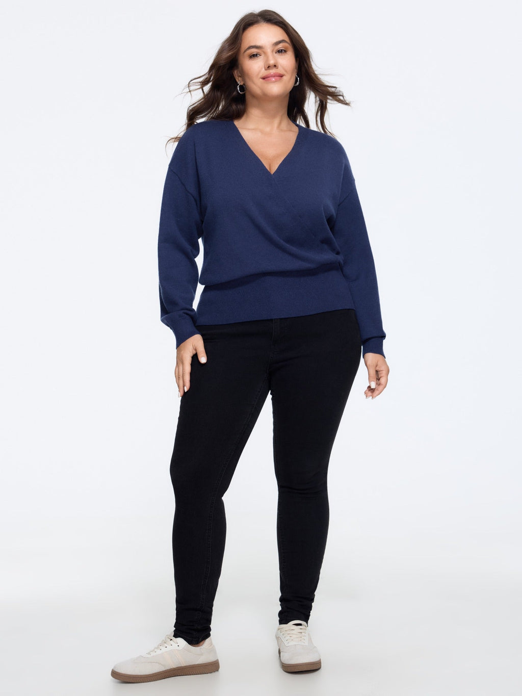 Wrap Neck Drop Shoulder Ribbed Hem Pullover