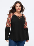 Supersoft Criss‑Cross V‑Neck Plaid Contrast T-Shirt