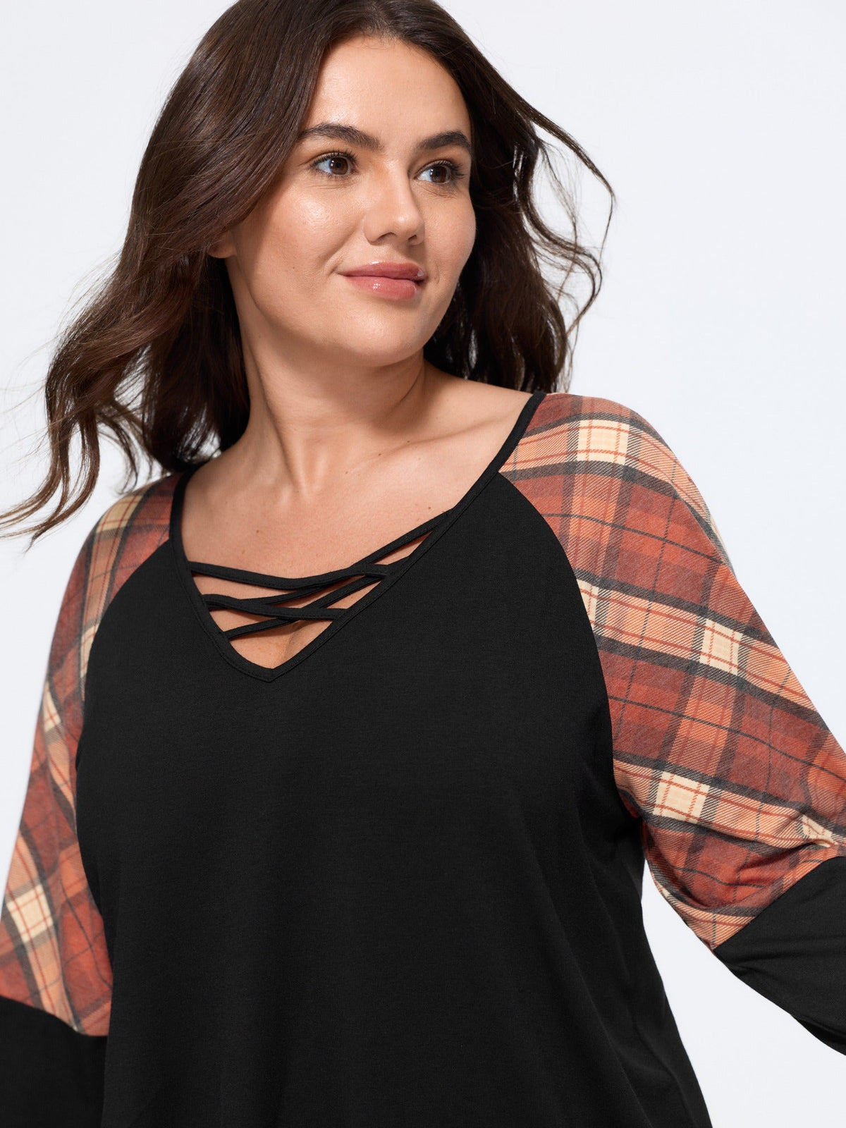 Supersoft Criss‑Cross V‑Neck Plaid Contrast T-Shirt