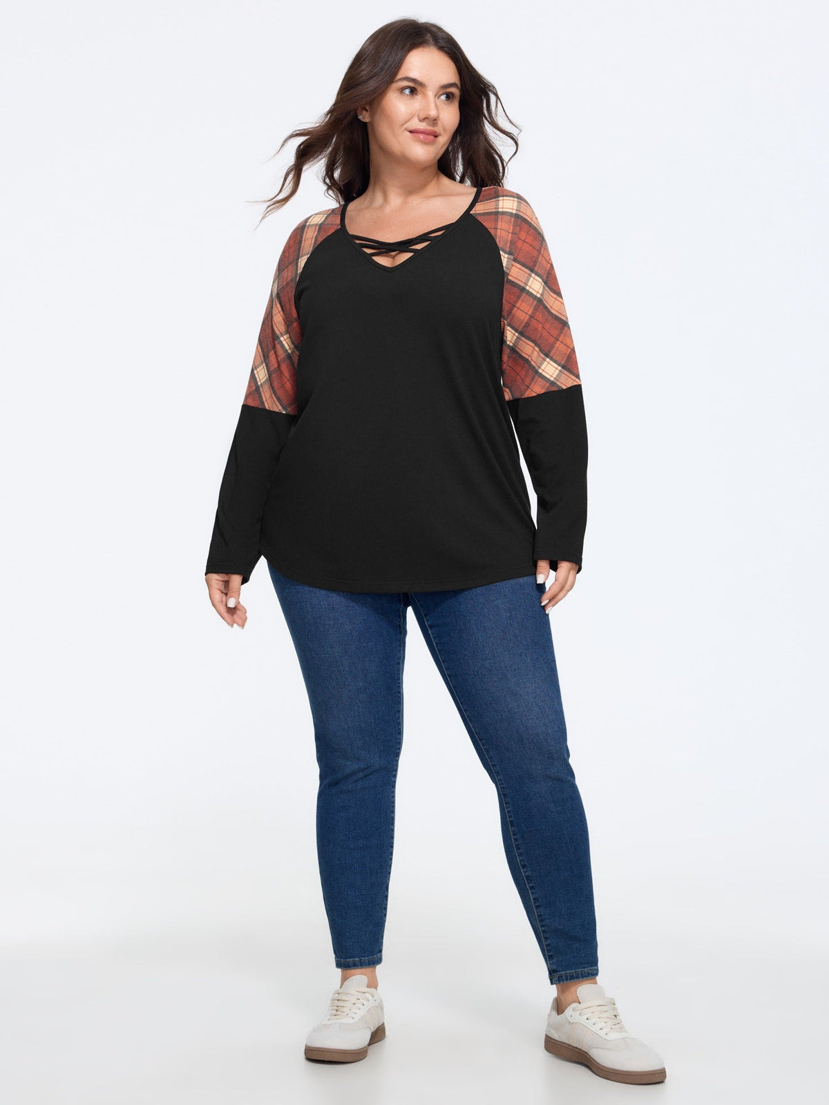 Supersoft Criss‑Cross V‑Neck Plaid Contrast T-Shirt