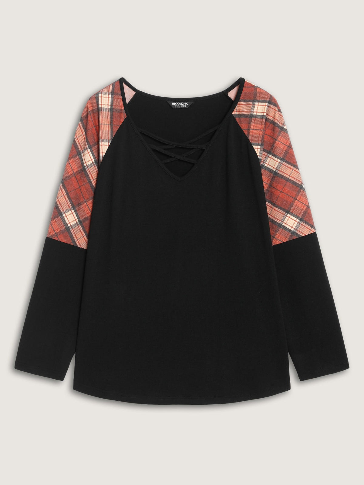 Supersoft Criss‑Cross V‑Neck Plaid Contrast T-Shirt