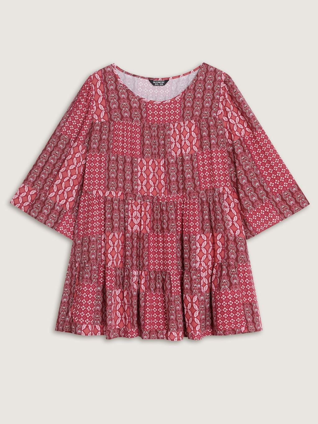 Boho Print Round Neck Tiered Blouse