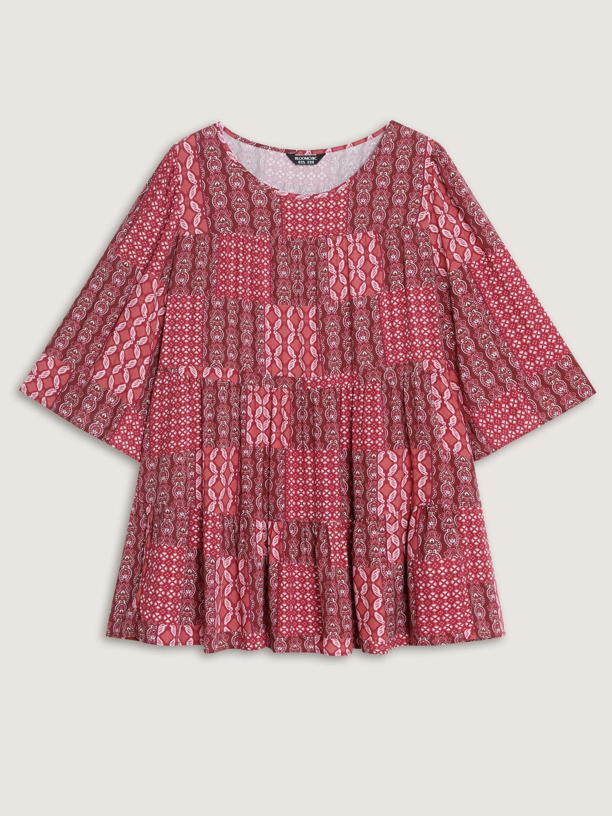 Boho Print Round Neck Tiered Blouse