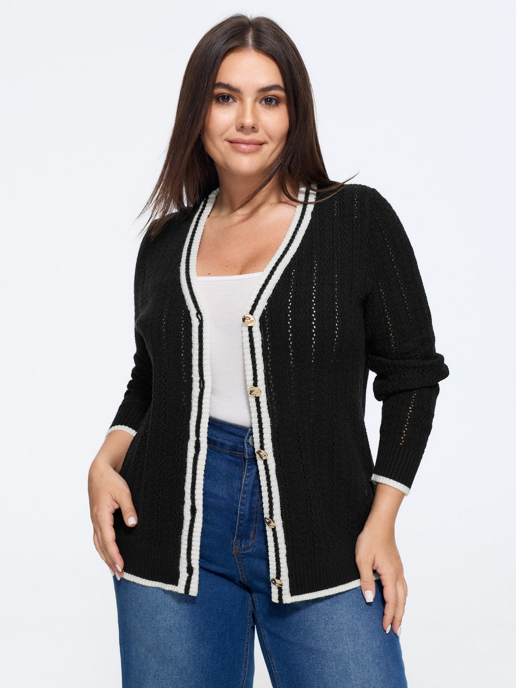 Contrast Trim V Neck Button Front Cardigan