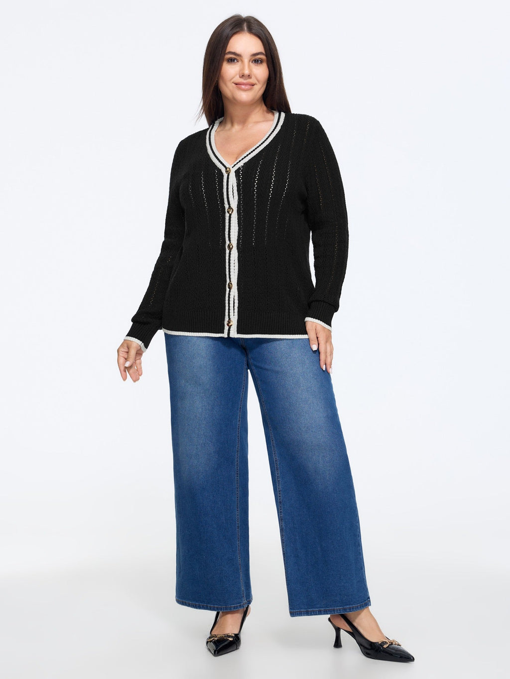 Contrast Trim V Neck Button Front Cardigan