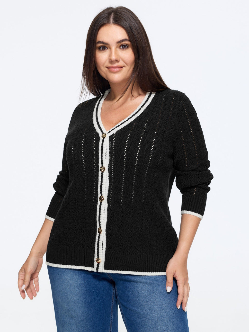 Contrast Trim V Neck Button Front Cardigan