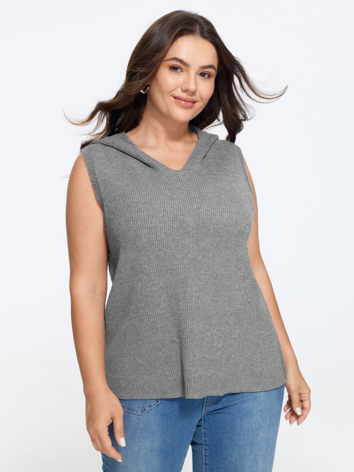 Hooded V Neck Ribbed Knit Sweater Vest