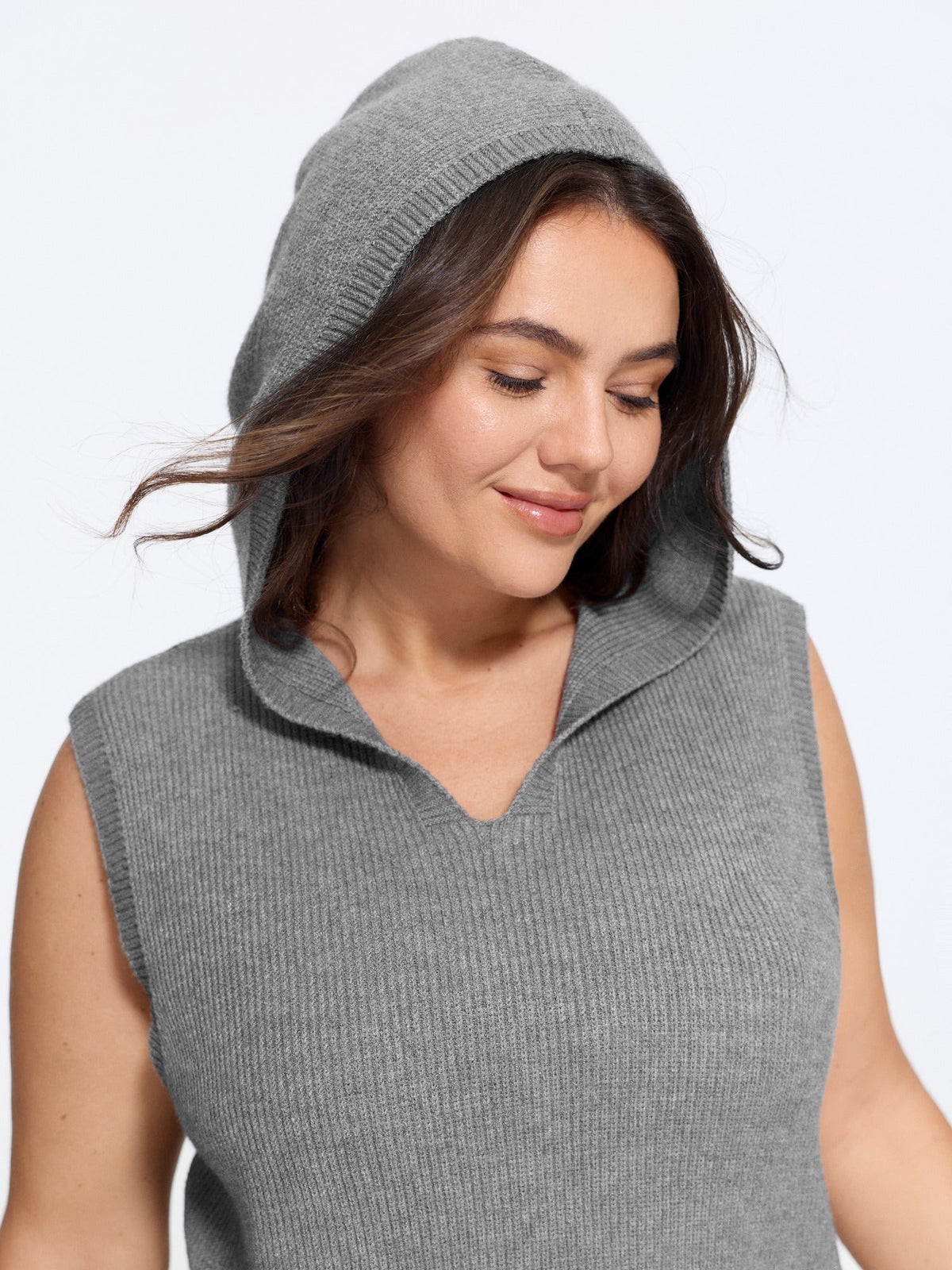 Hooded V Neck Ribbed Knit Sweater Vest