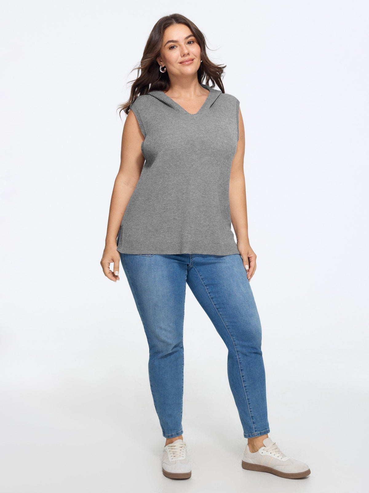 Hooded V Neck Ribbed Knit Sweater Vest