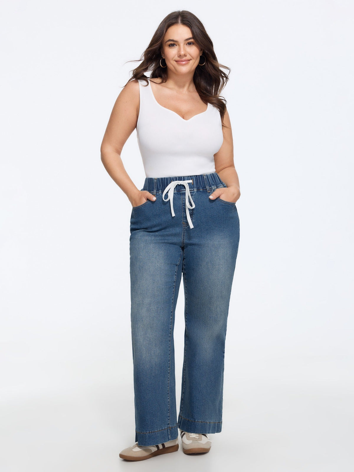 Stretchy Drawstring Elastic Waist Straight Leg Jeans