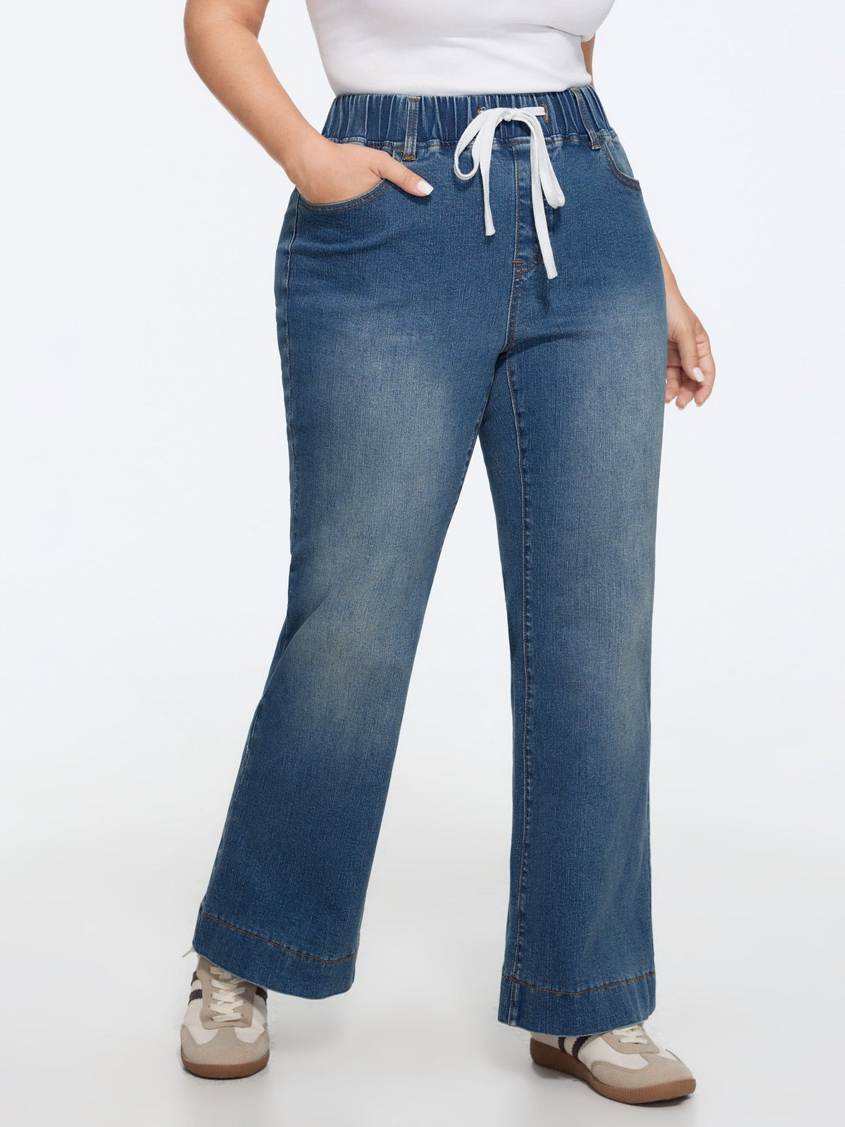 Stretchy Drawstring Elastic Waist Straight Leg Jeans