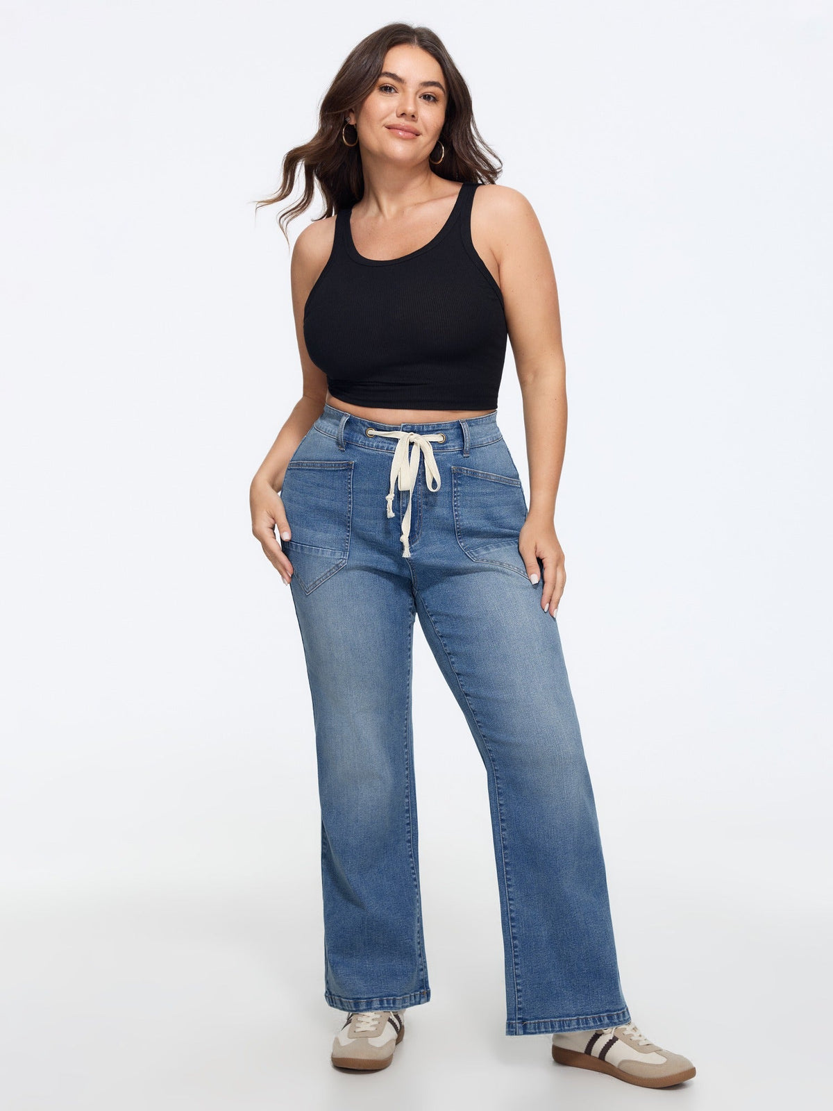 Stretch Drawstring Waist Wide Leg Jeans