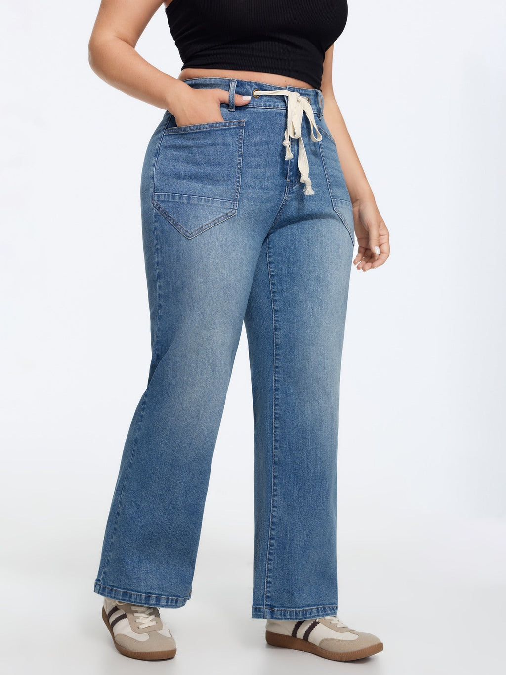 Stretch Drawstring Waist Wide Leg Jeans