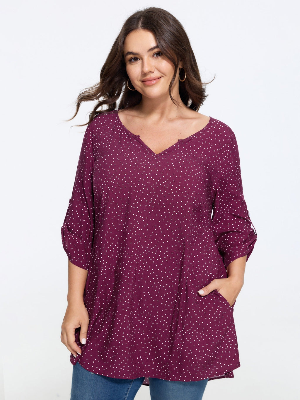 Polka Dot Tab Sleeve Pockets Blouse