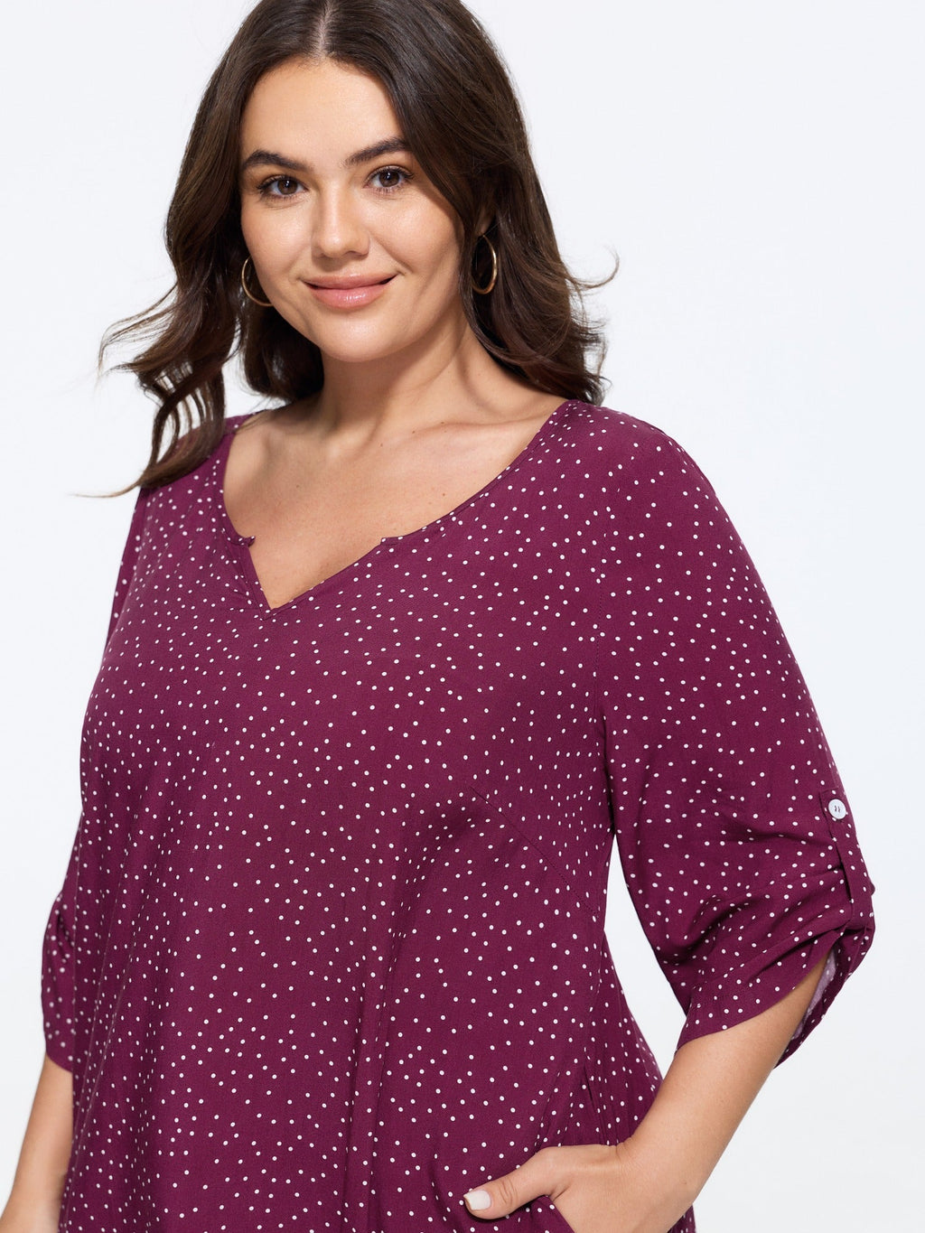 Polka Dot Tab Sleeve Pockets Blouse