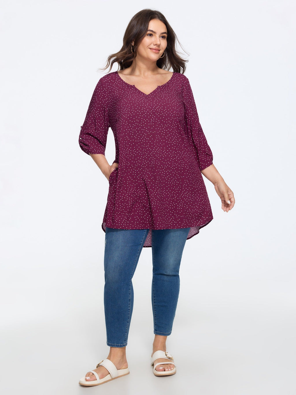 Polka Dot Tab Sleeve Pockets Blouse