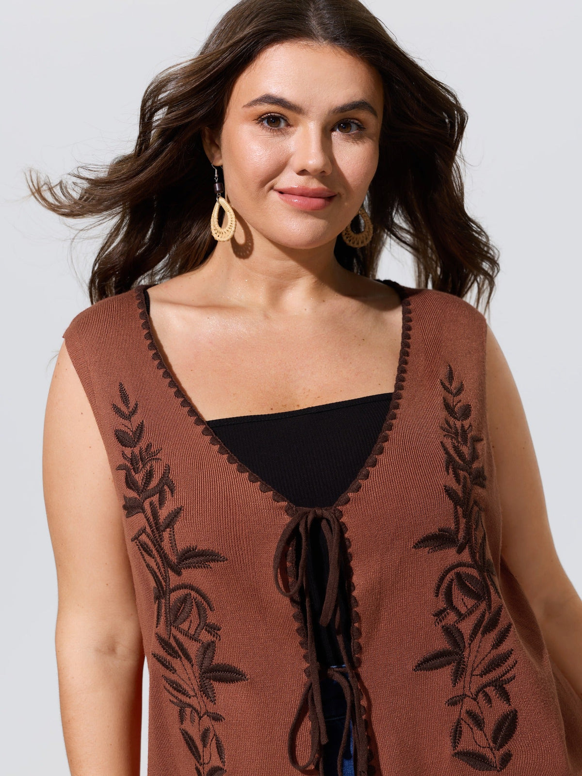 Floral Embroidered Tie Front Knit Vest