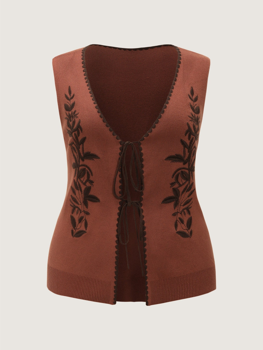 Floral Embroidered Tie Front Knit Vest