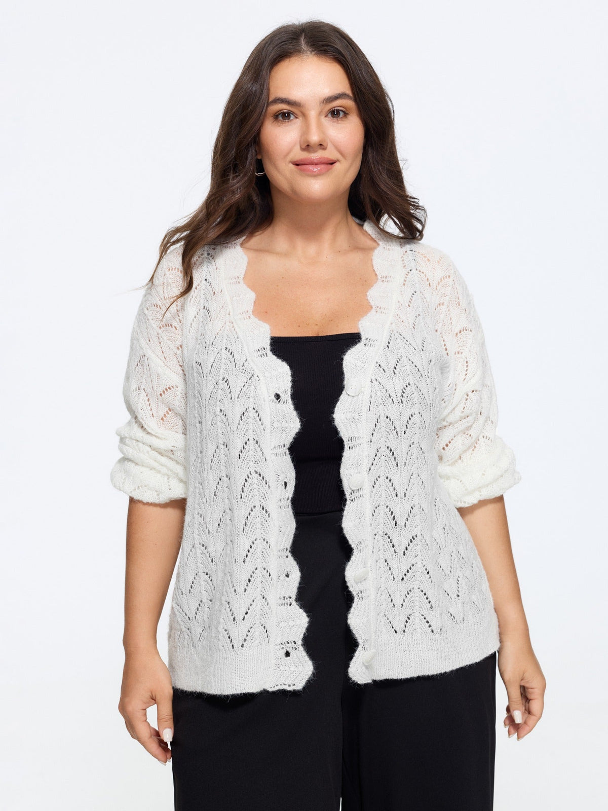 Scallop V Neck Button Down Cut Out Cardigan