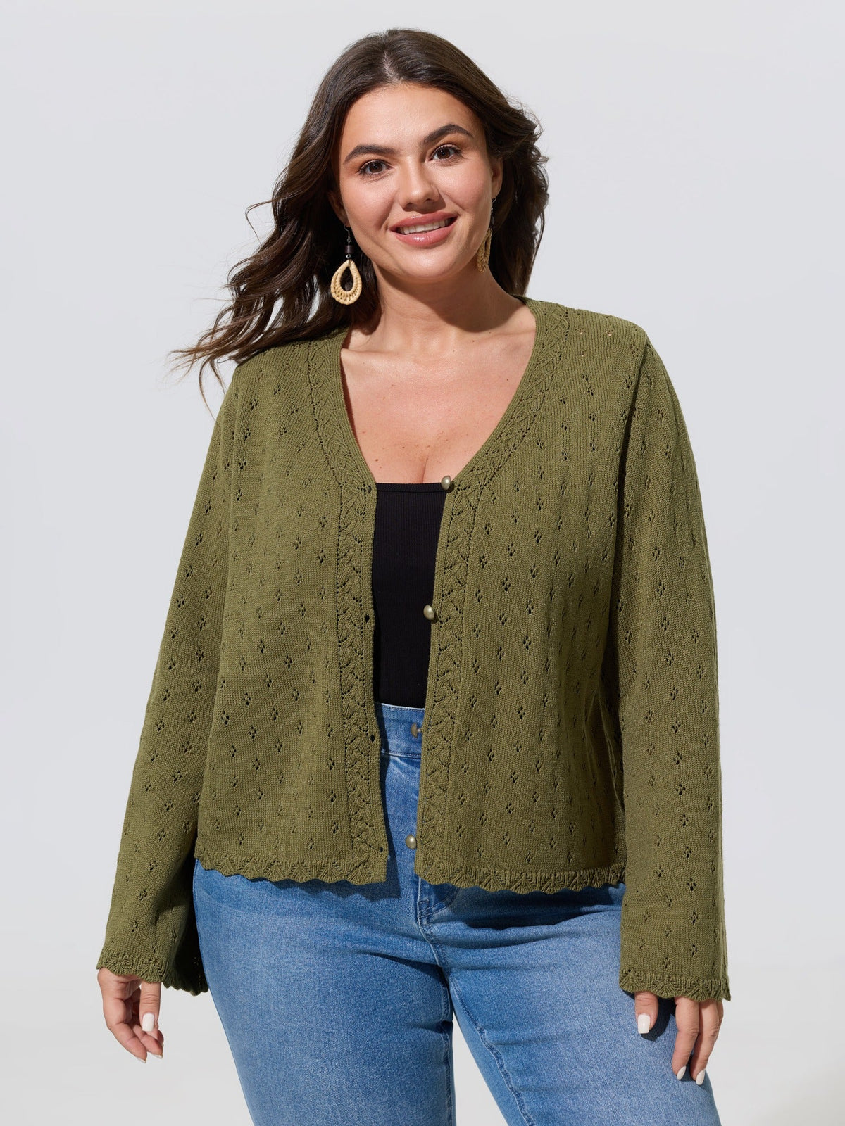 V-Neck Cut Out Scallop Trim Button Cardigan