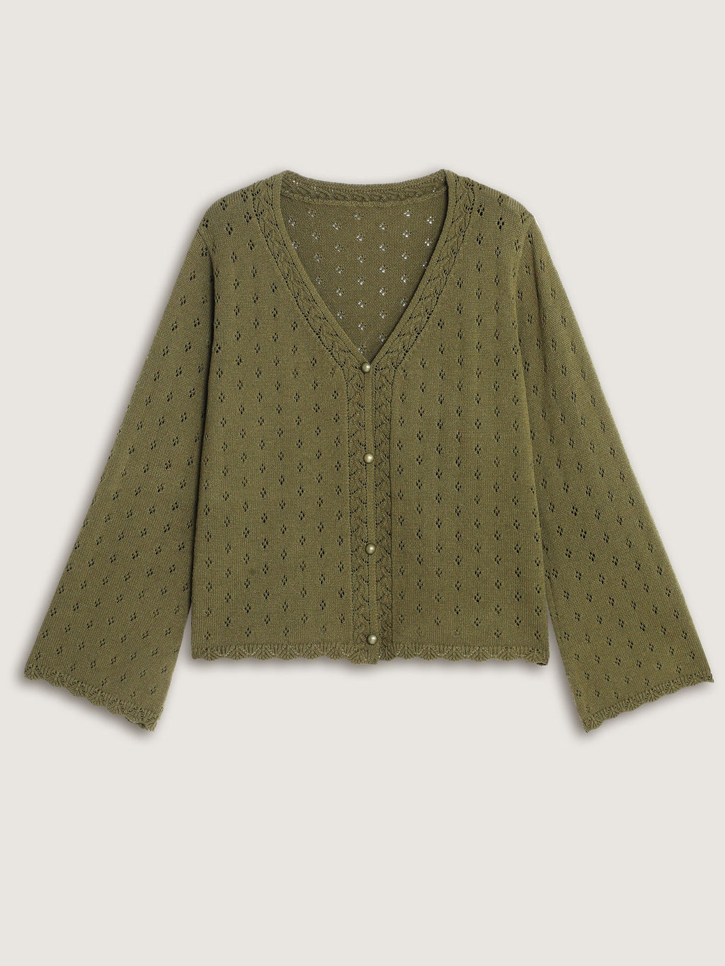 V-Neck Cut Out Scallop Trim Button Cardigan