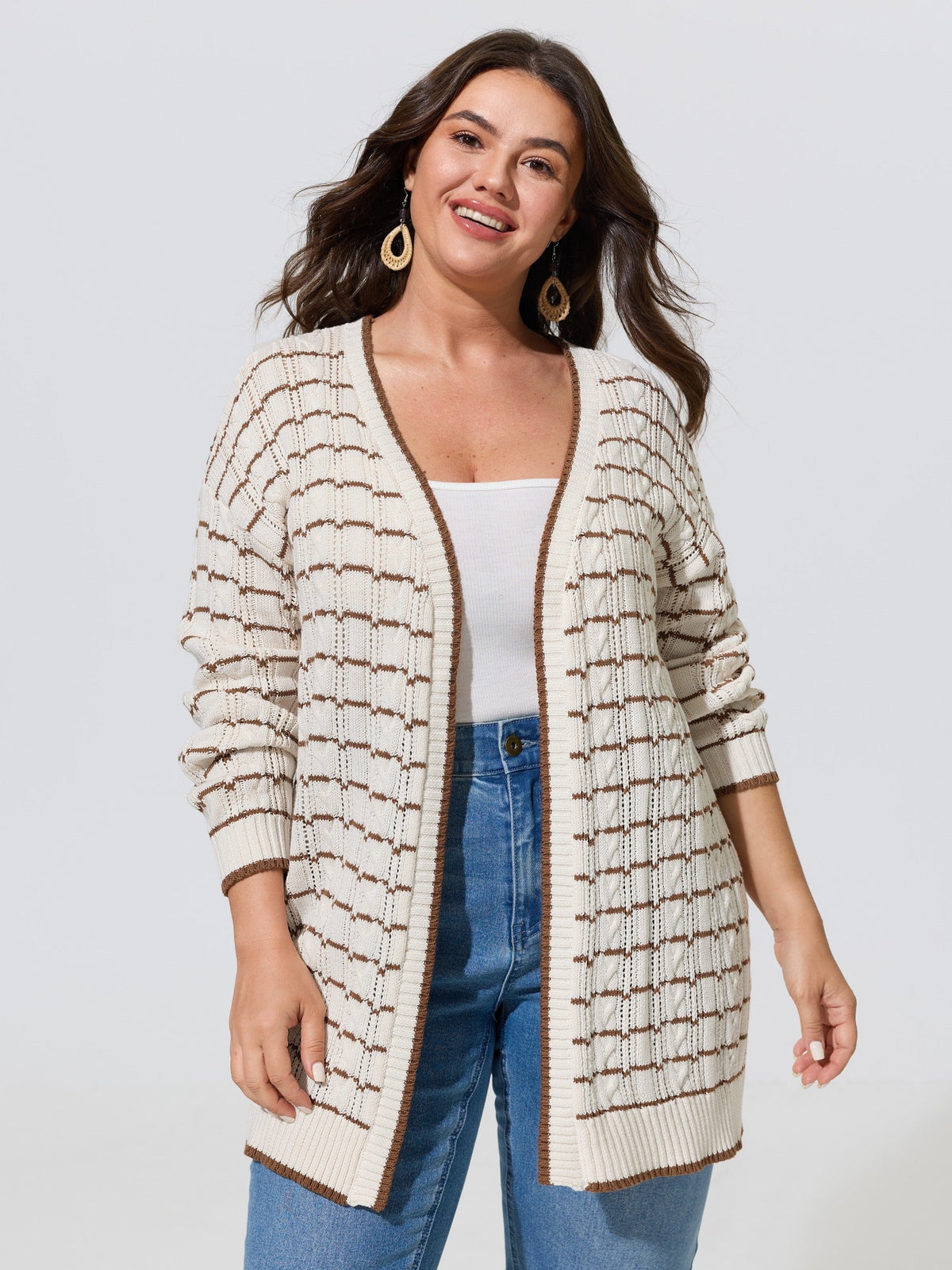 Color Contrast Cable Knit Open Front Cardigan