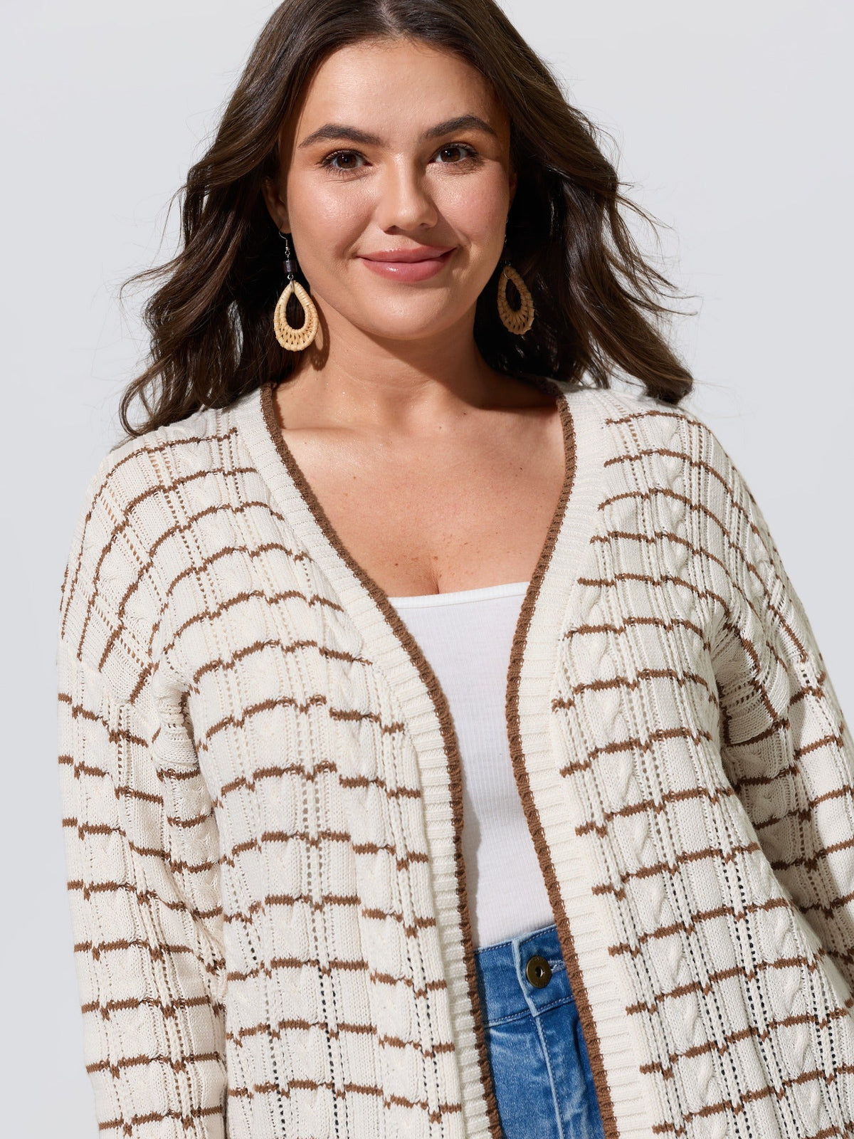 Color Contrast Cable Knit Open Front Cardigan