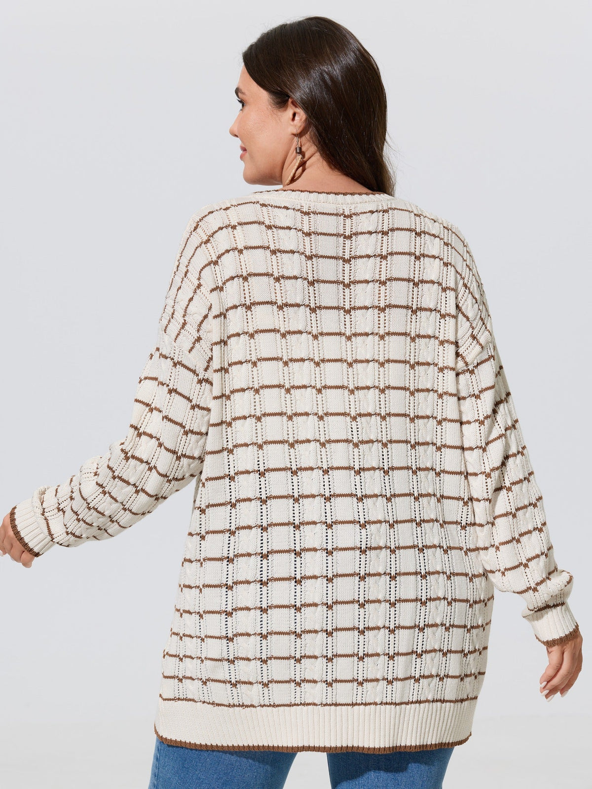 Color Contrast Cable Knit Open Front Cardigan