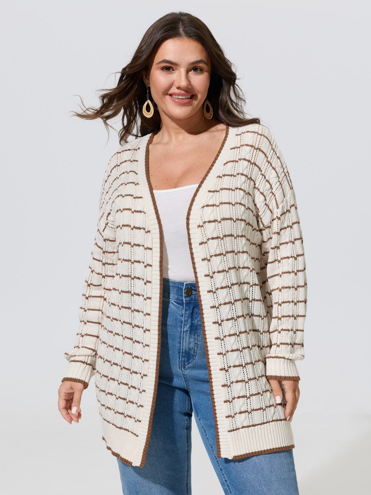 Color Contrast Cable Knit Open Front Cardigan