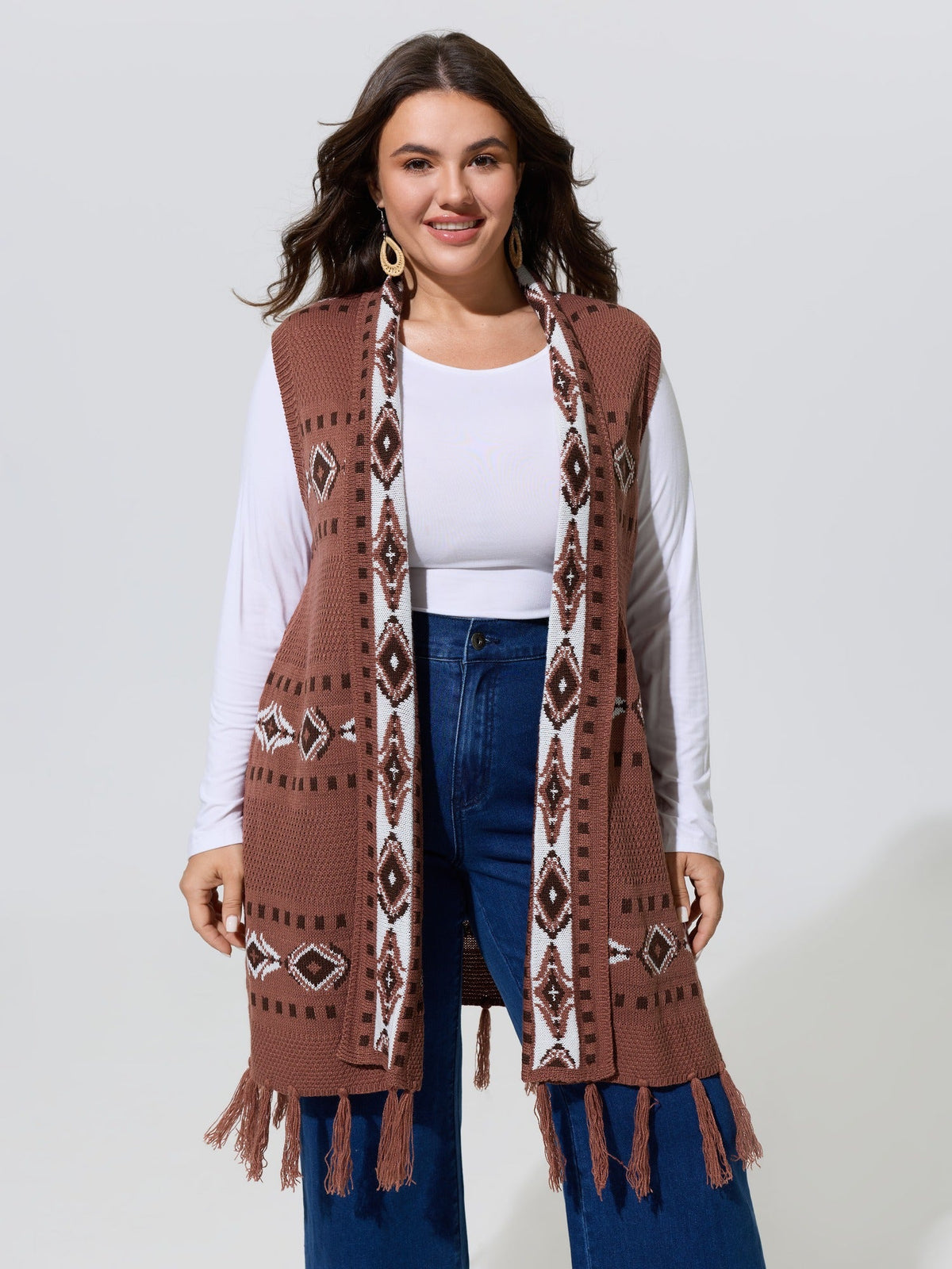 Geometric Jacquard Fringe Hem Sweater Vest