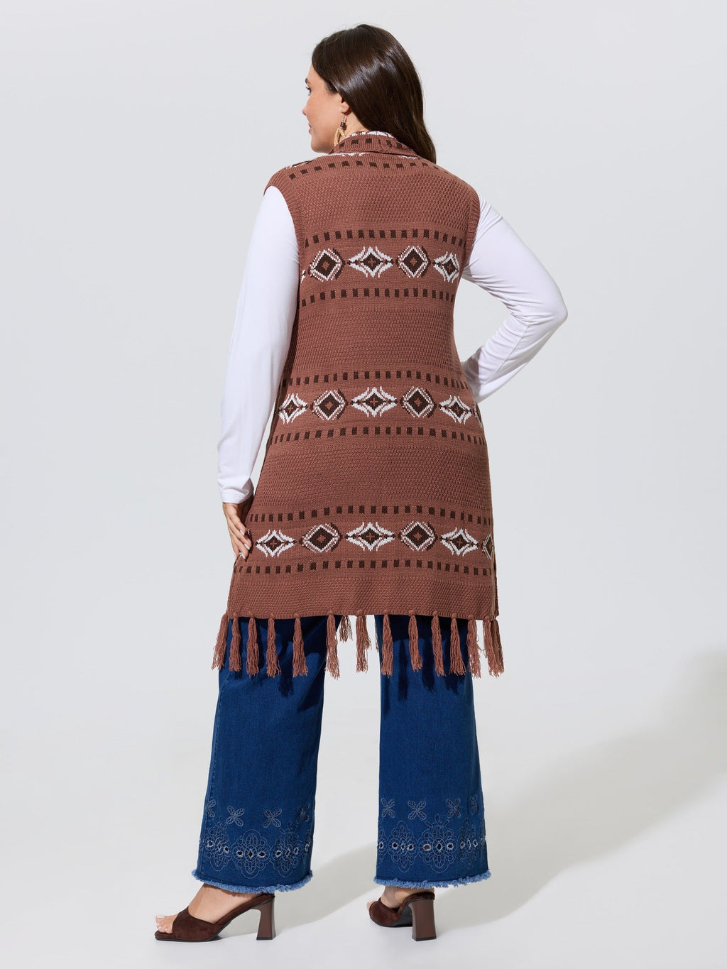 Geometric Jacquard Fringe Hem Sweater Vest