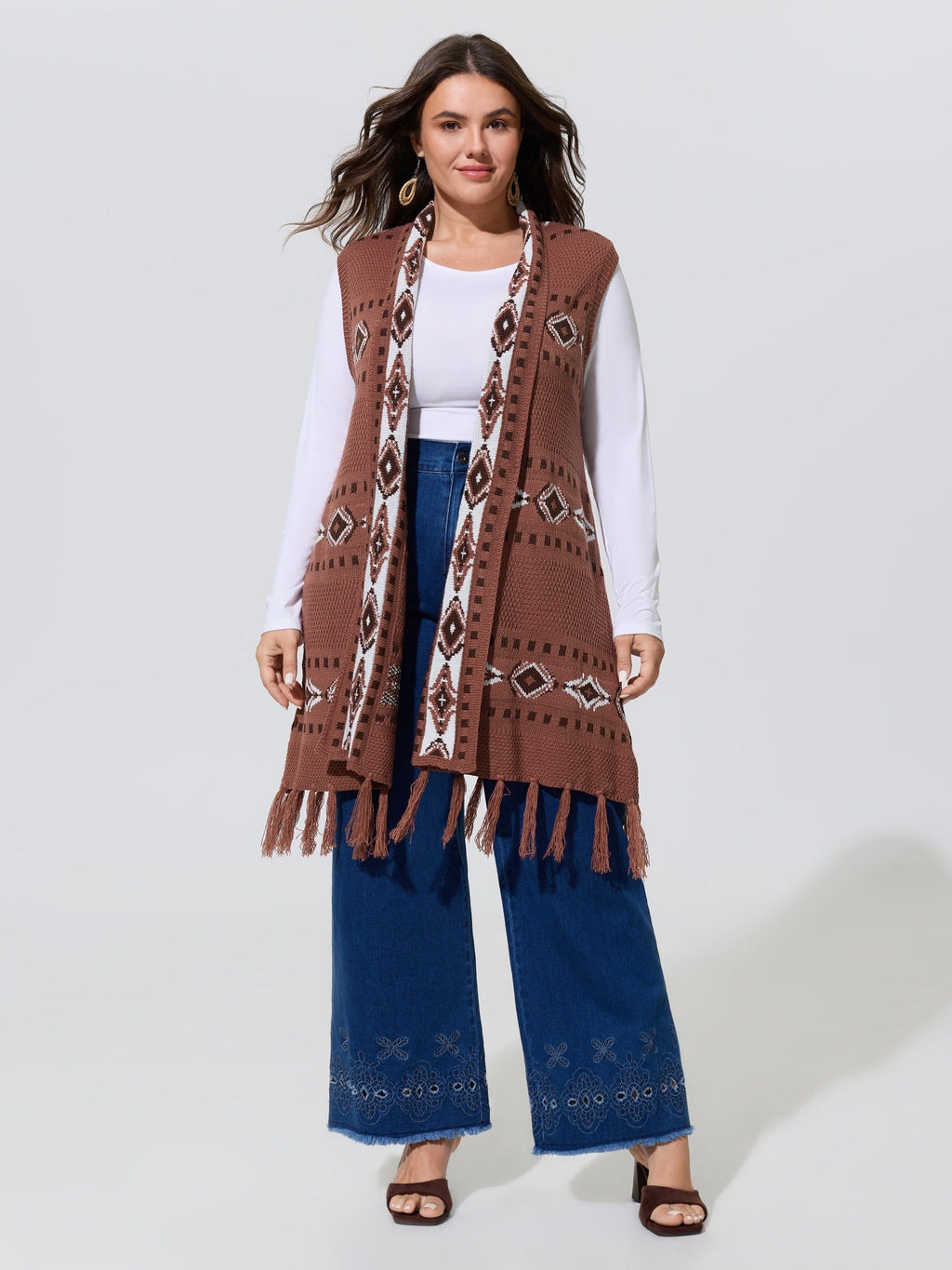 Geometric Jacquard Fringe Hem Sweater Vest