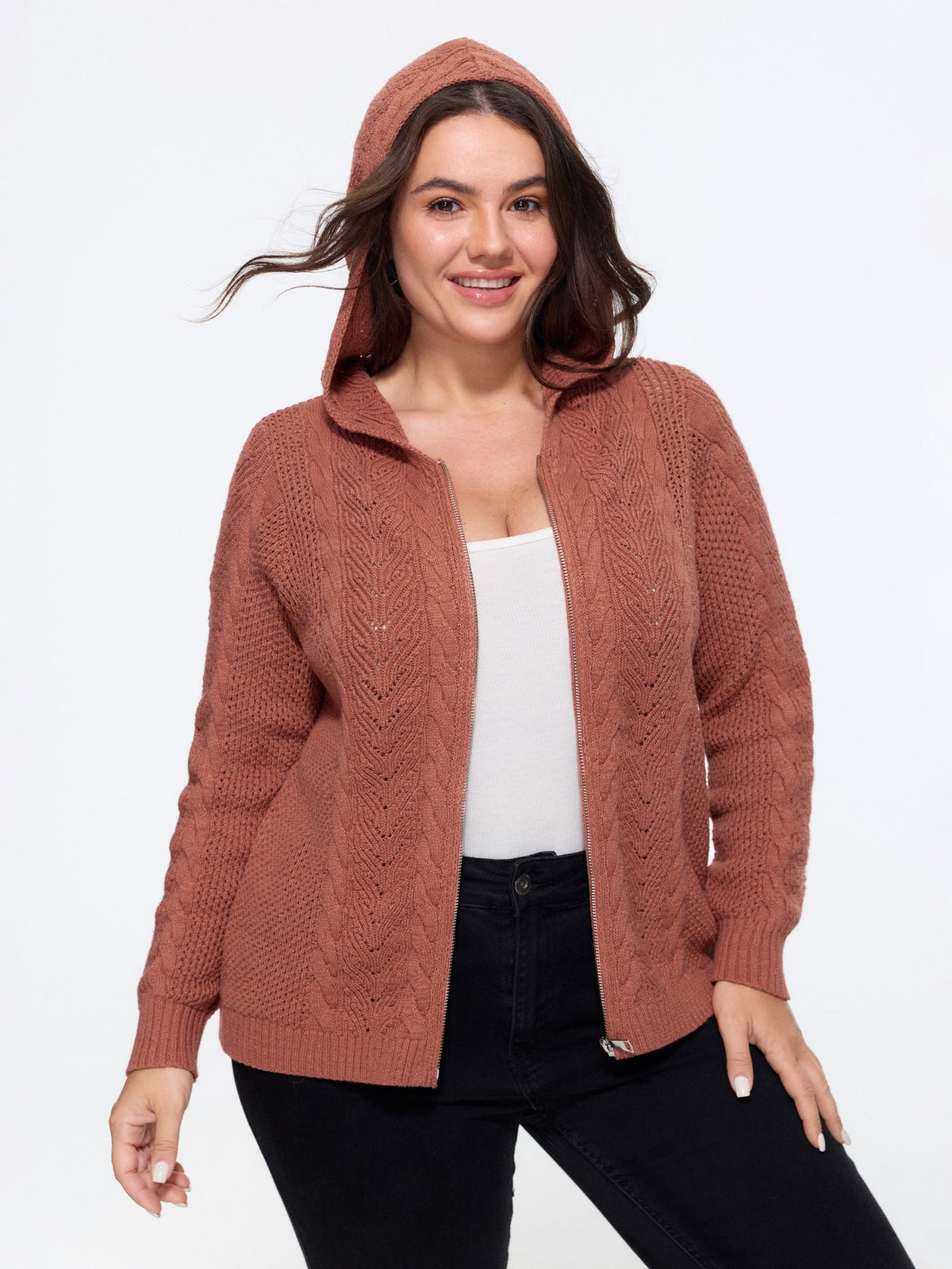 Hooded Cable Knit Zipper Cardigan