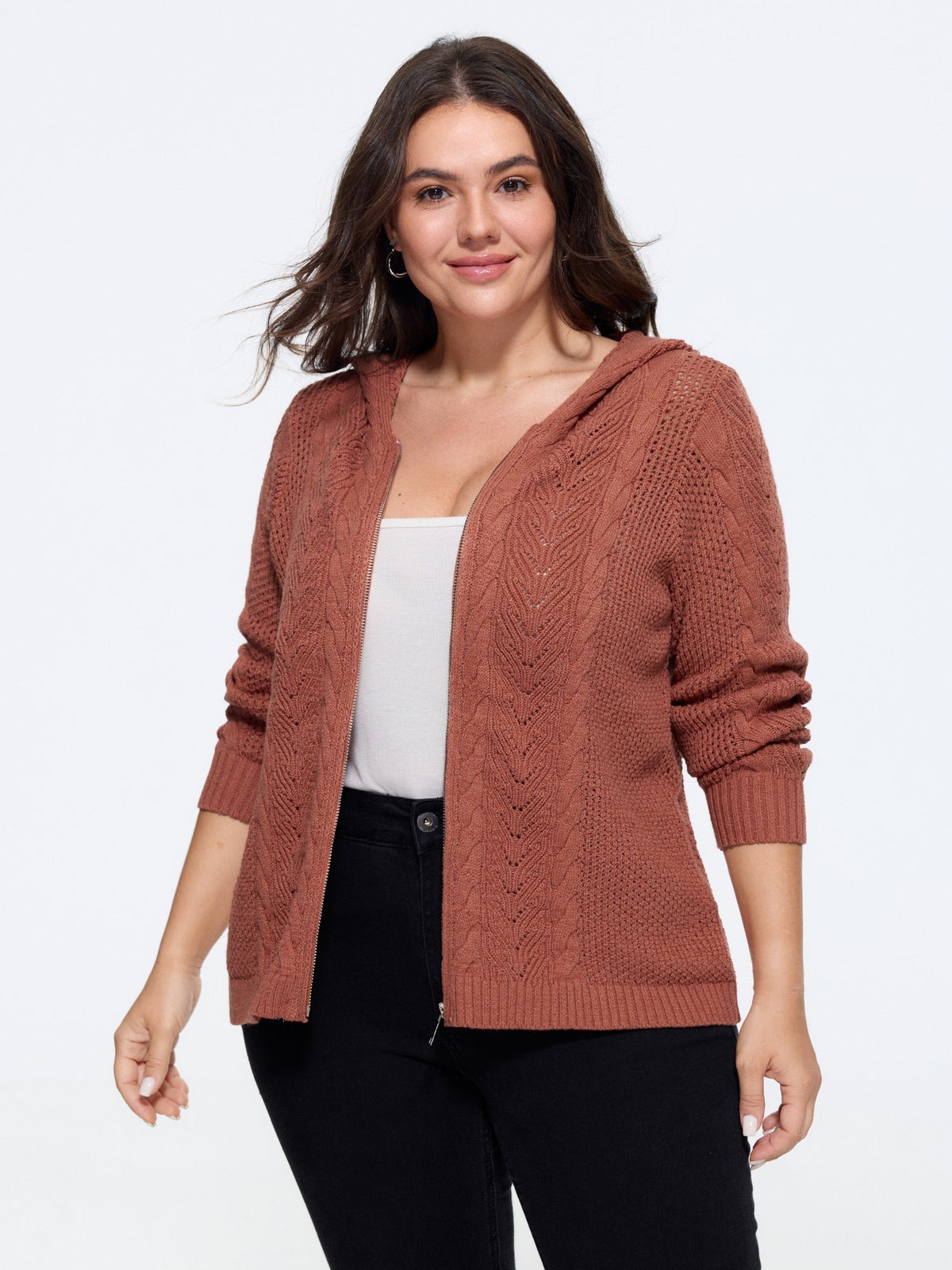 Hooded Cable Knit Zipper Cardigan