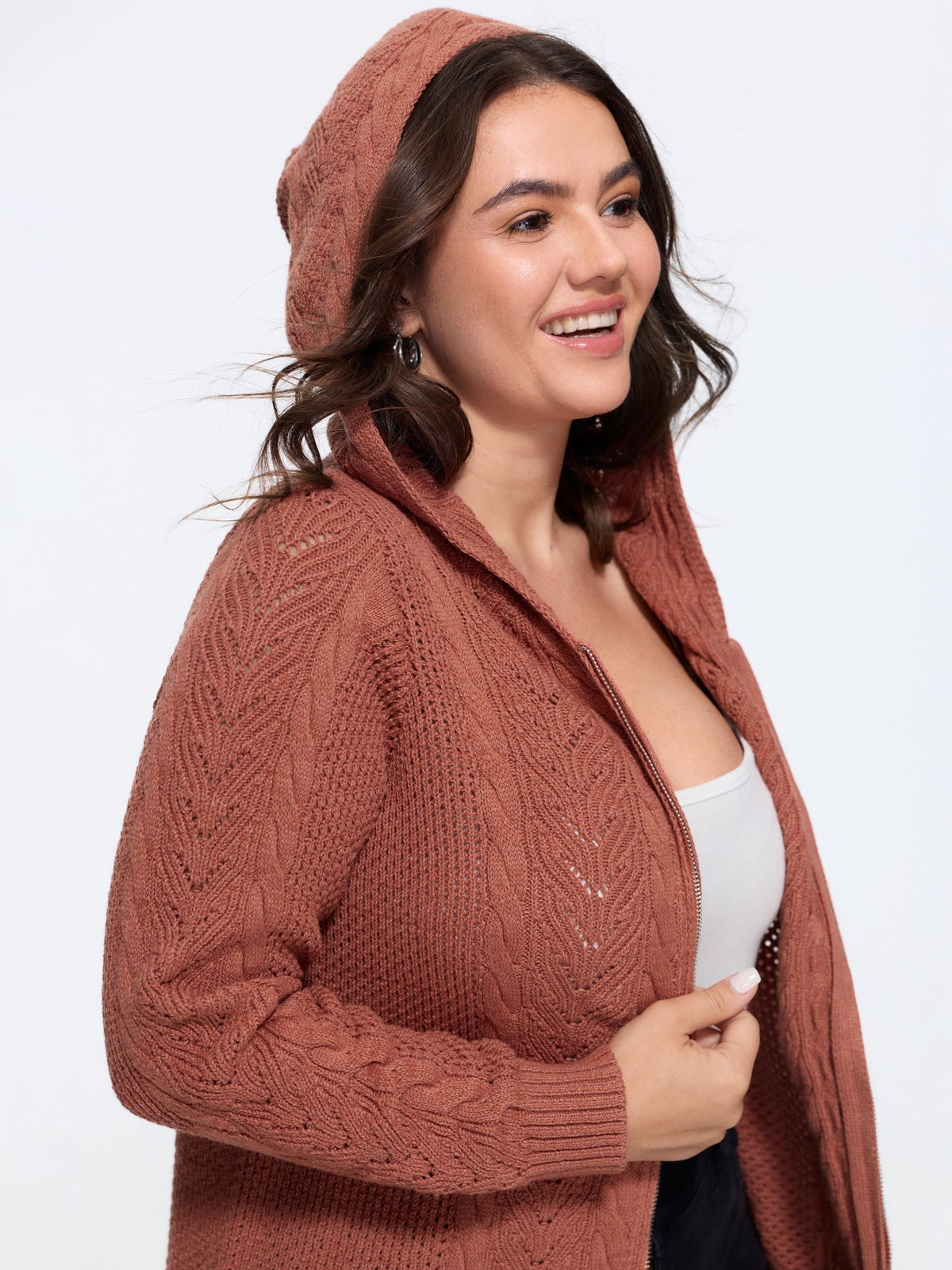 Hooded Cable Knit Zipper Cardigan