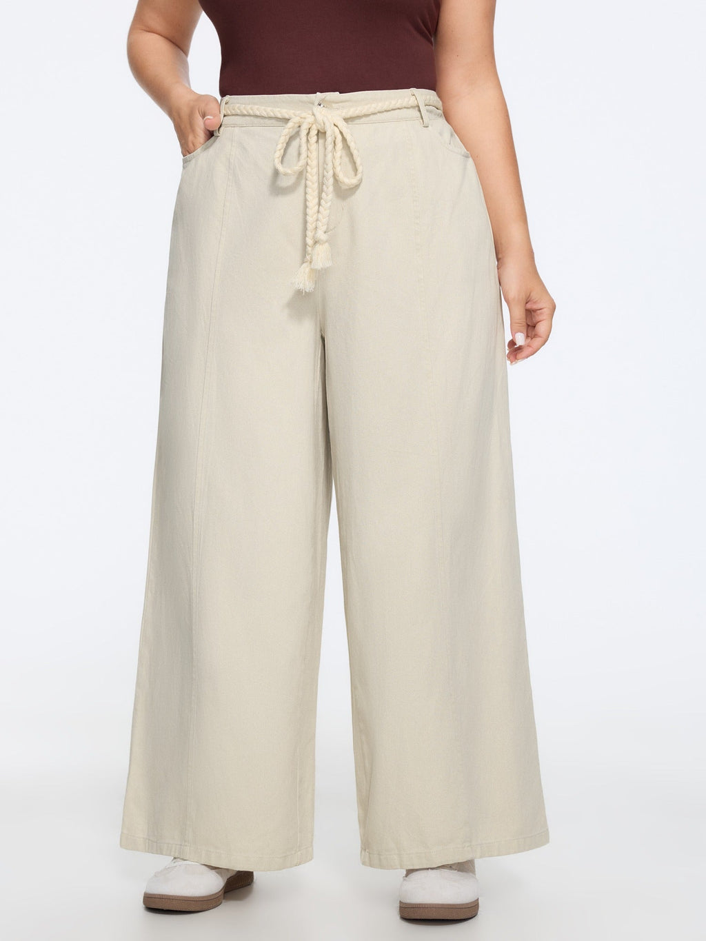 Solid Braided Tassel Drawstring Waist Wide Leg Pants