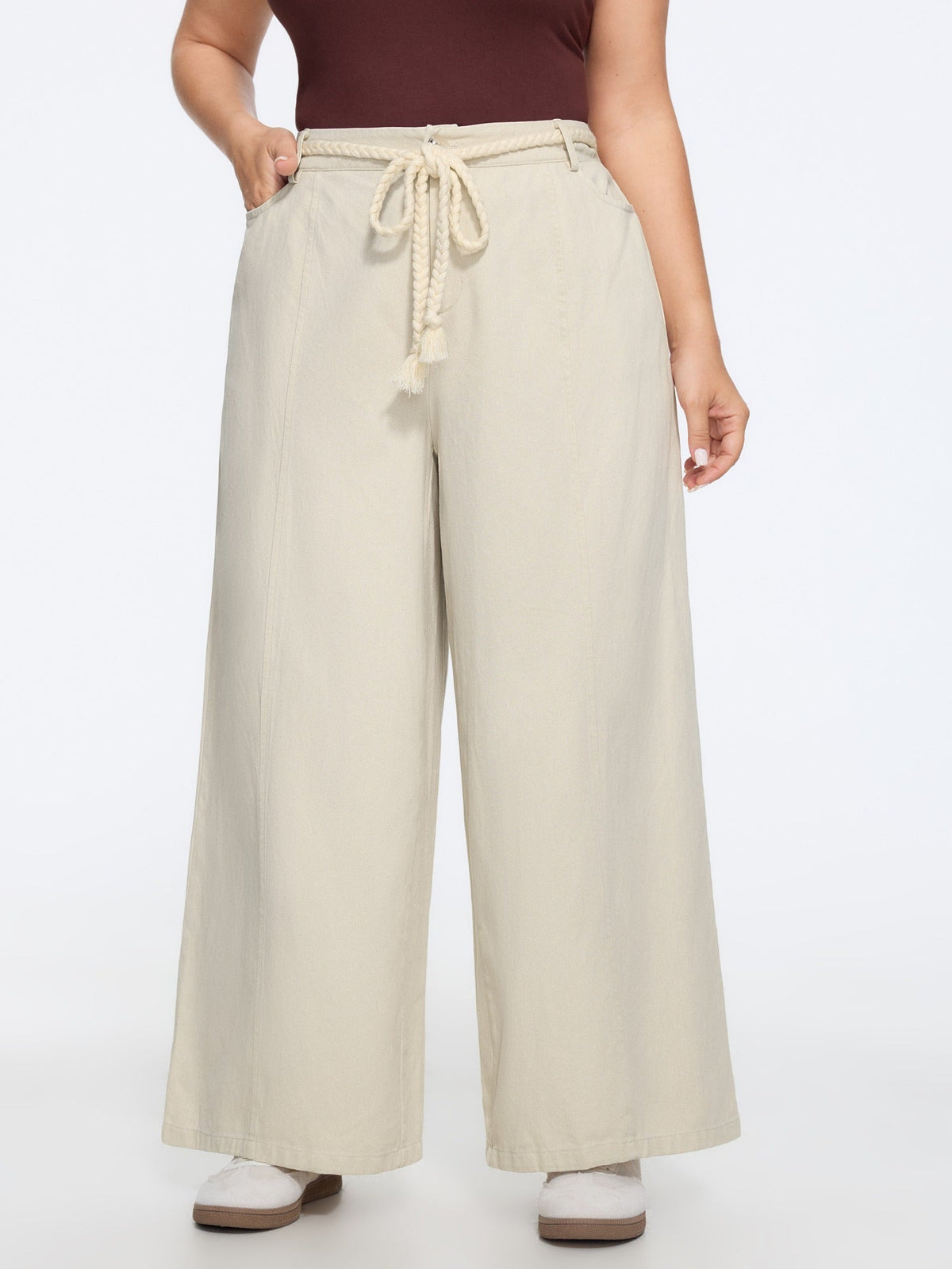 Solid Braided Tassel Drawstring Waist Wide Leg Pants
