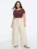 Solid Braided Tassel Drawstring Waist Wide Leg Pants
