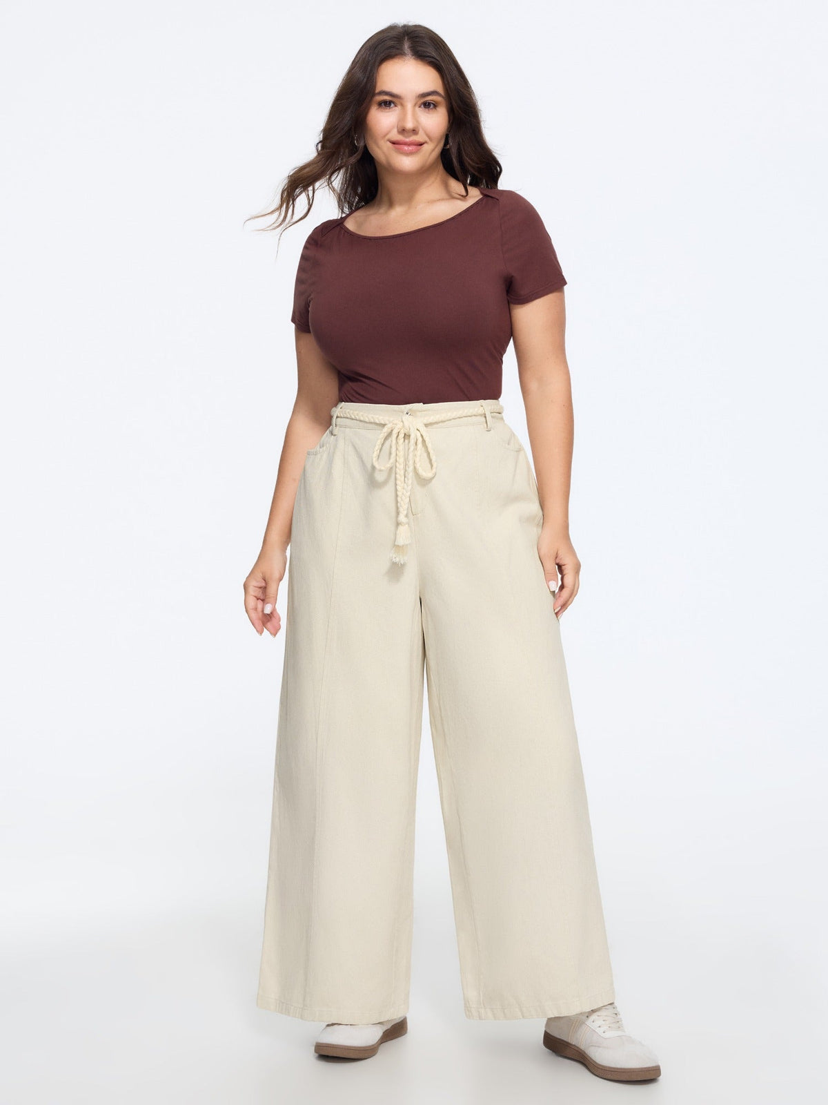 Solid Braided Tassel Drawstring Waist Wide Leg Pants