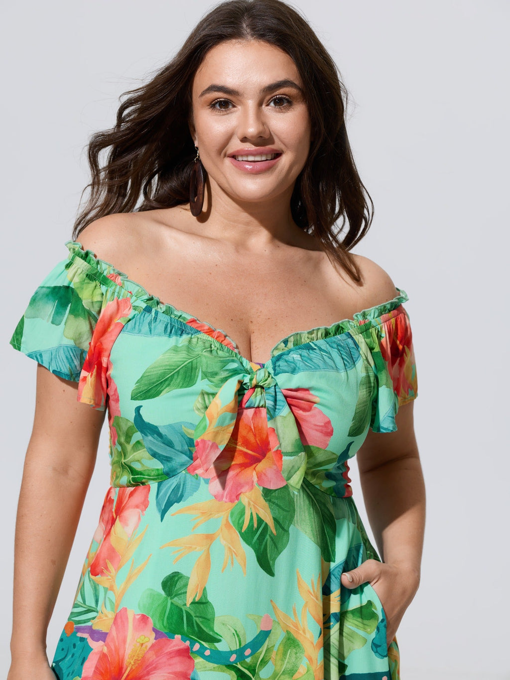 Tropical Floral Print Tie Front Ruffle Maxi Dress