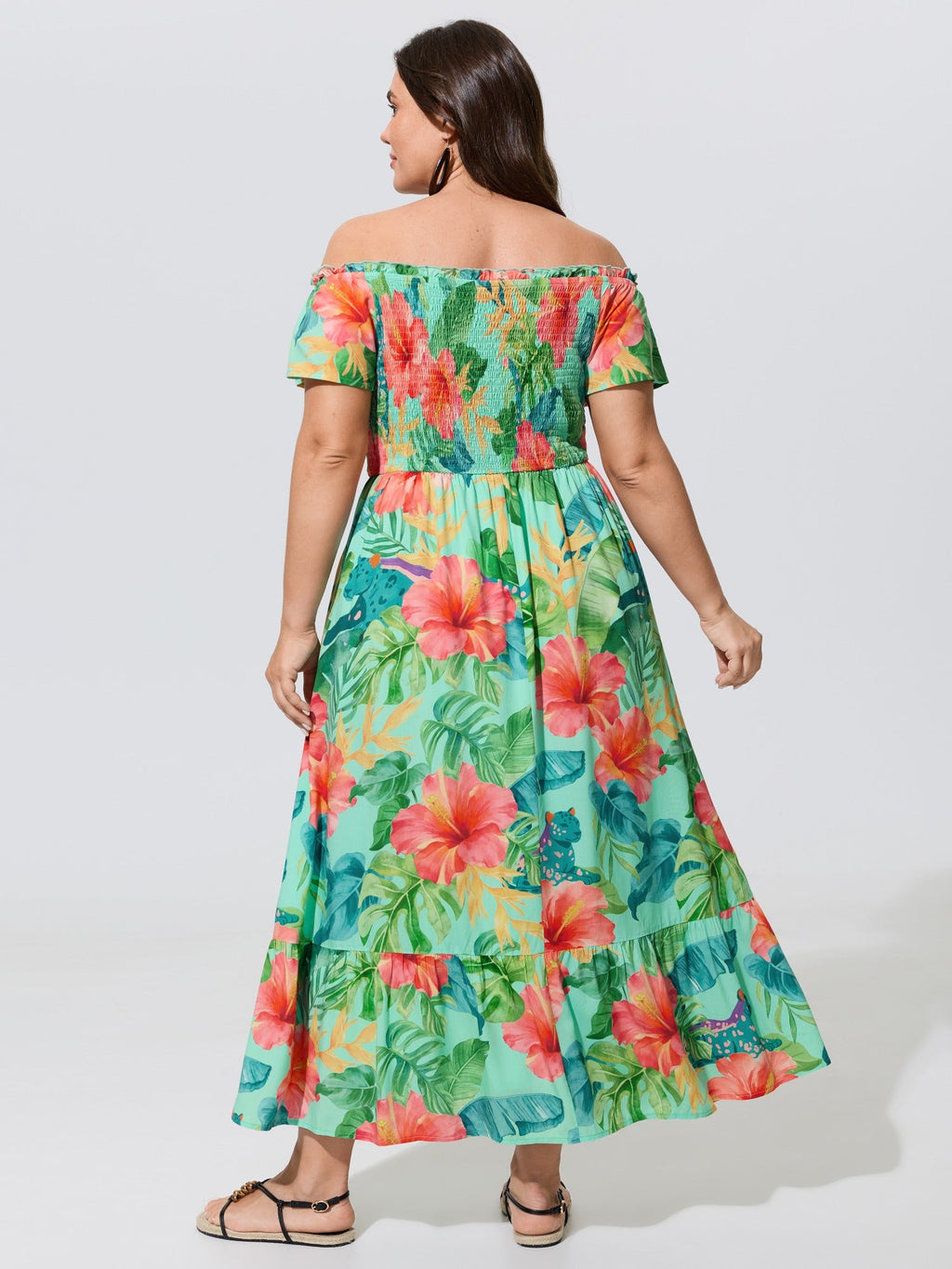 Tropical Floral Print Tie Front Ruffle Maxi Dress