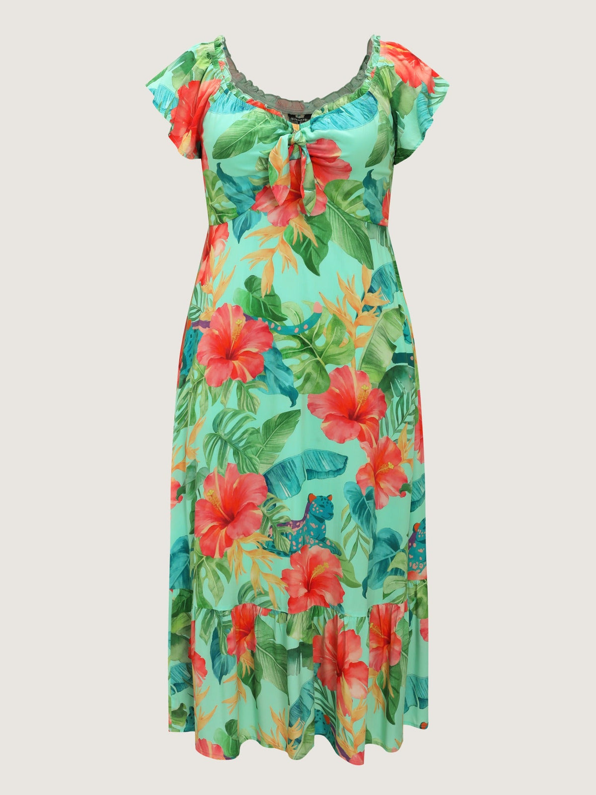 Tropical Floral Print Tie Front Ruffle Maxi Dress