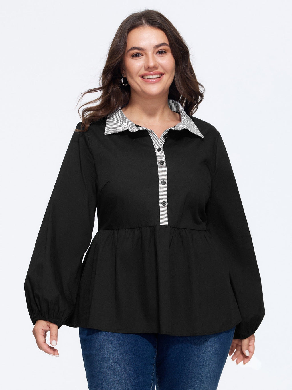 Cotton Striped Contrast Collar Button Down Blouse