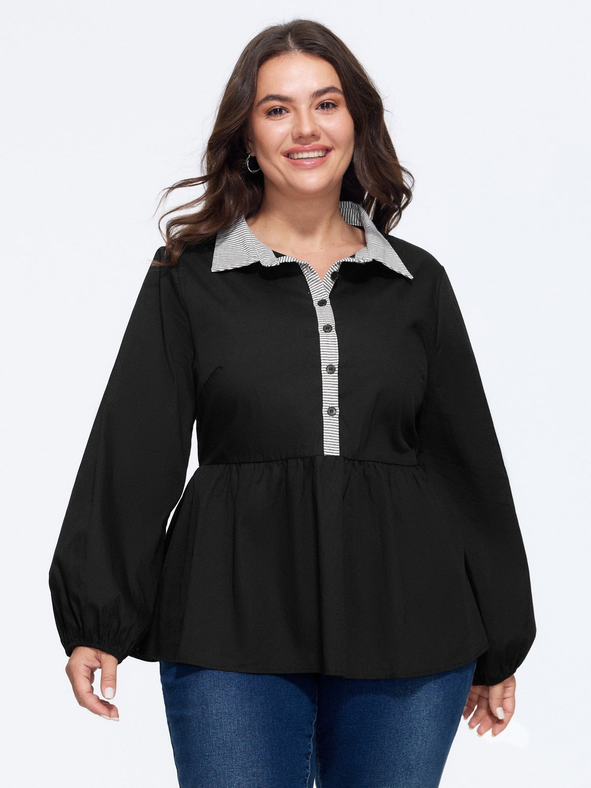Cotton Striped Contrast Collar Button Down Blouse