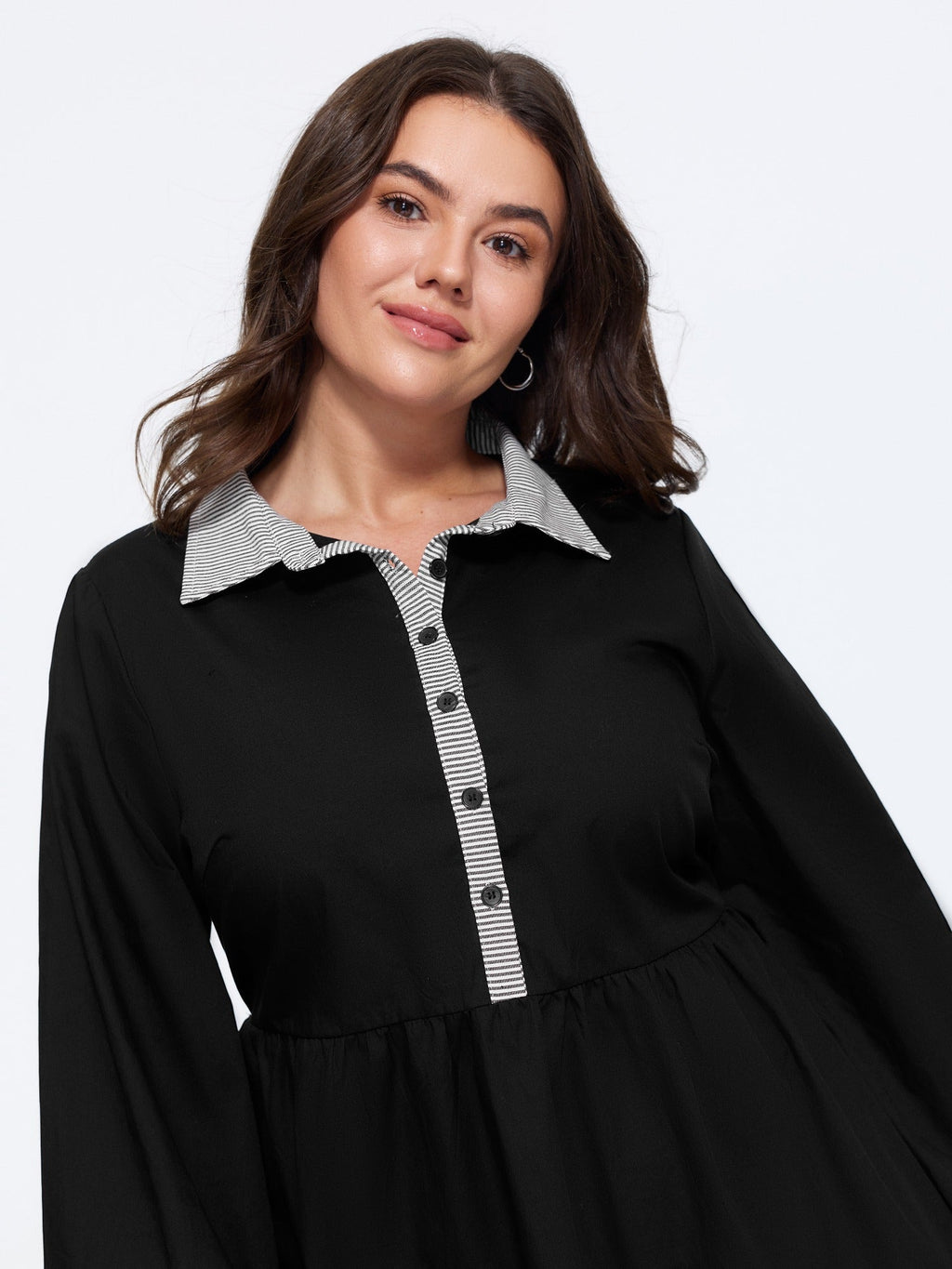 Cotton Striped Contrast Collar Button Down Blouse