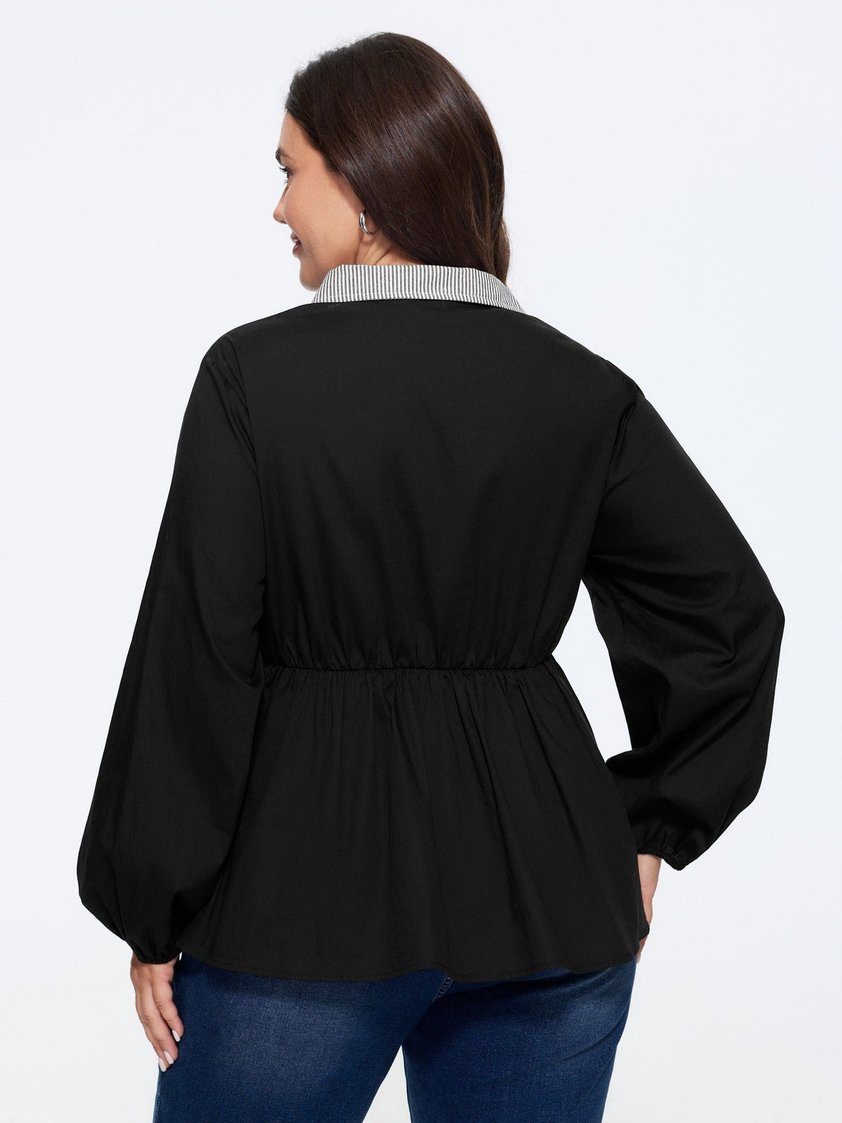 Cotton Striped Contrast Collar Button Down Blouse