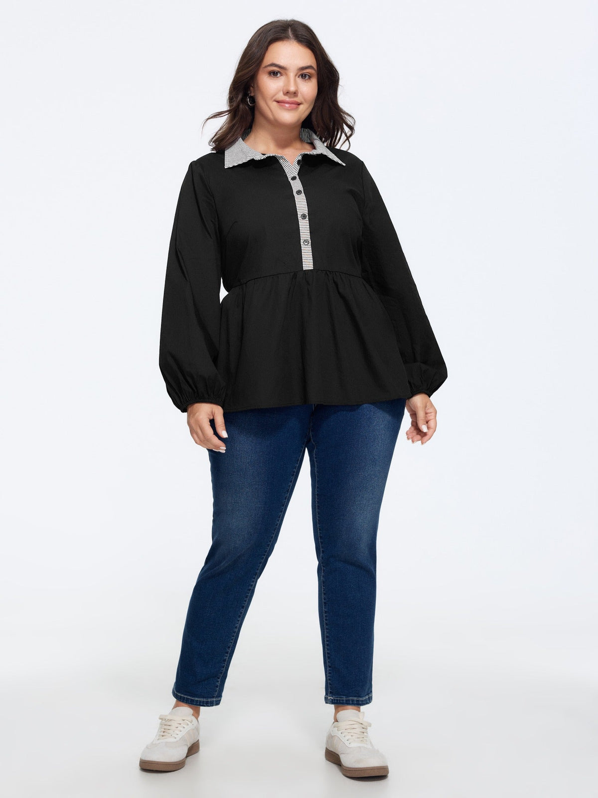 Cotton Striped Contrast Collar Button Down Blouse