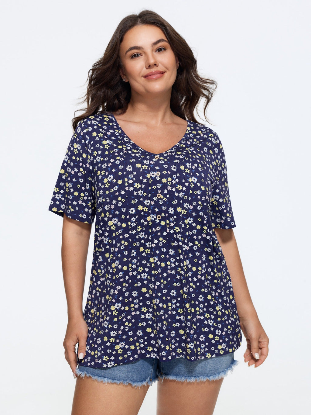 Supersoft Ditsy Floral Print V Neck Button T-Shirt